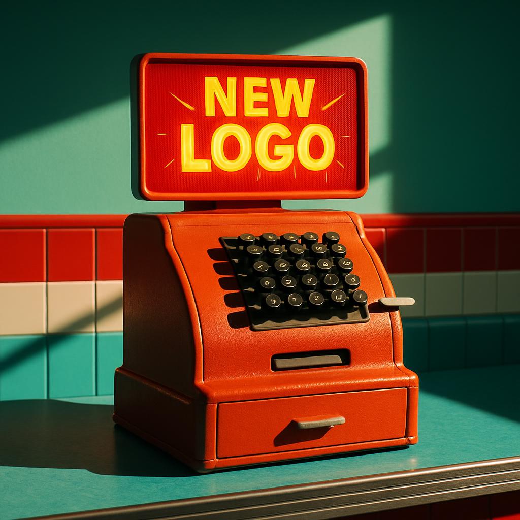 An orange cash register with a sign reading "NEW LOGO" in a diner-like setting.